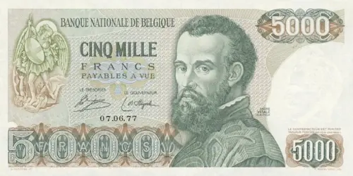 Belgian 5000 Franc Banknote (Andre Vesalius) Front Issued 1971 accepted for exchange