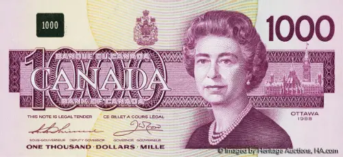 1000 Canadian Dollar Banknote Front Issued 1988 Accepted For Exchange