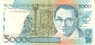 5000 Brazilian Cruzados Banknote (Machado de Assis) First Issued 1987 Front Accepted For Exchange