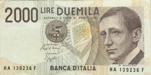2000 Italian Lire (Guglielmo Marconi) Banknote First Issued 1990 Front Accepted For Exchange