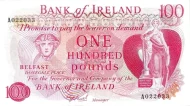 Northern Ireland 100 Pound Bank of Ireland Banknote (Mercury) Front Issued 1967 Accepted For Exchange