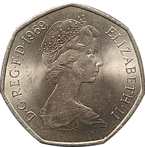 Large British Fifty Pence Coin 1969 Obverse Side Accepted For Exchange