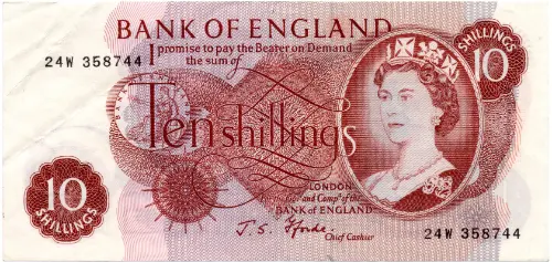 Bank of England 10 Shillings banknote (HM Queen Portrait) Front Accepted for exchange 1961