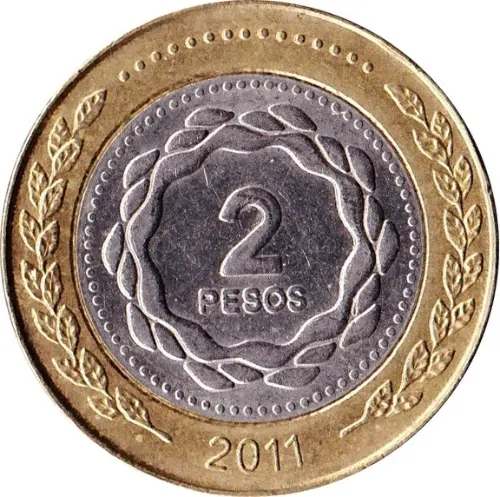 Argentine Peso 2 Argentine Peso Coin Front Issued 2010 Accepted for Exchange