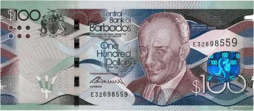 100 Barbadian Dollar Banknote (Grantley Adams International Airport) Issued 2013 Front Accepted For Exchange