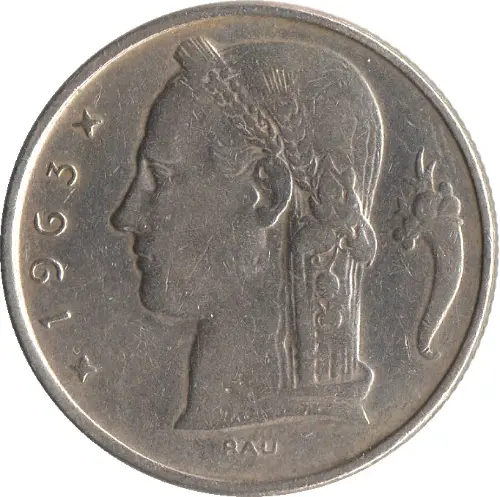 5 Belgian Francs coin (Ceres) issued 1948 front accepted for exchange