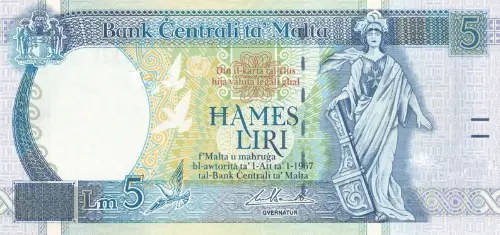 Maltese 5 Liri Banknote Front Issued 1967 Accepted For Exchange Accepted For Exchange