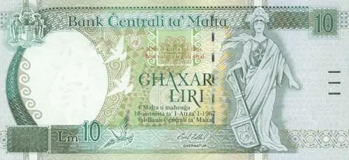 Maltese 10 Liri Banknote Front Issued 1994 Accepted For Exchange