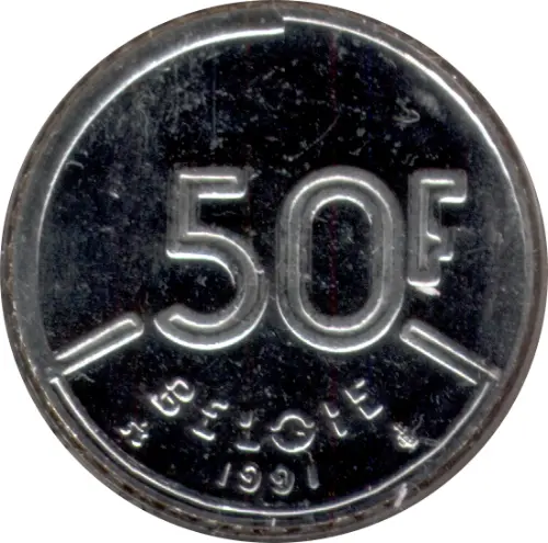 50 Belgian Francs coin (Baudouin) front issued 1987 accepted for exchange