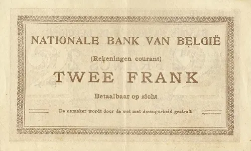 Belgian 2 Franc (Comptes courants) front issued 1914 accepted for exchange