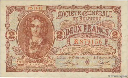 Belgian 2 Franc (Societe Generale) front issued 1915 accepted for exchange