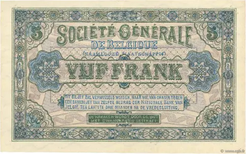 Belgian 5 Franc (Societe Generale) front issued 1915 accepted for exchange