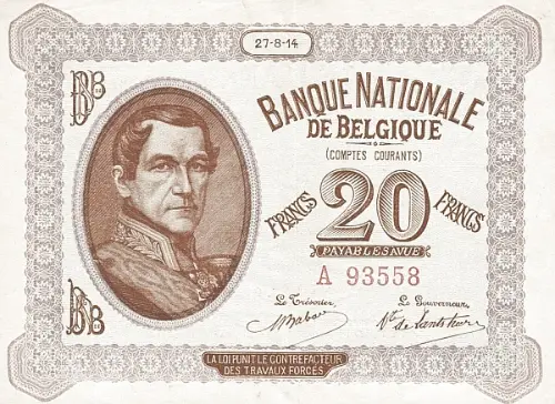 Belgian 20 Franc (Comptes courants) front issued 1914 accepted for exchange