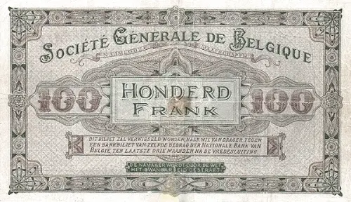 Belgian 100 Franc Banknote (Societe Generale) Front Issued 1914 accepted for exchange