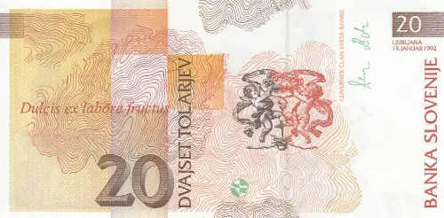 Slovenia 20 Tolar Banknote Front Issued 1992 Accepted For Exchange