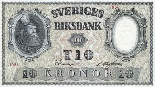 Swedish 10 Krona Banknote Front Issued 1940 Accepted For Exchange